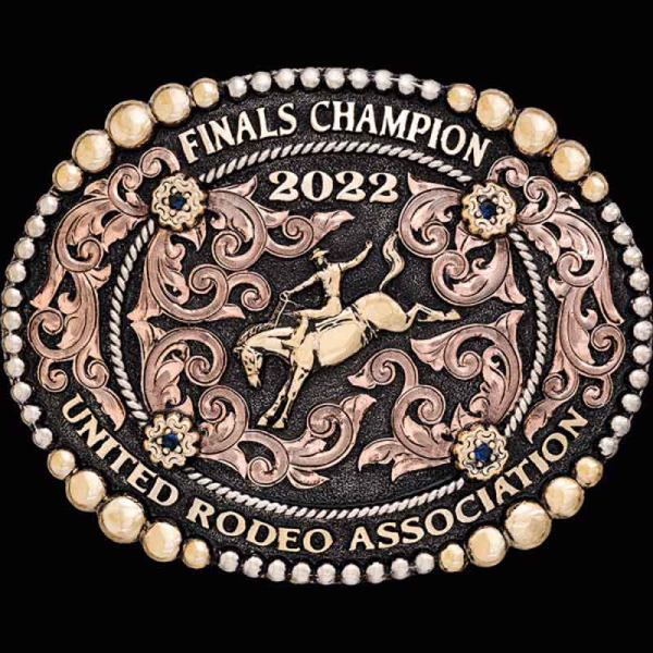 The Ashland Belt Buckle is classic style buckle built on a matted silver base with large bronze beads frame and inner copper scrollwork. Personalize this trophy buckle today!